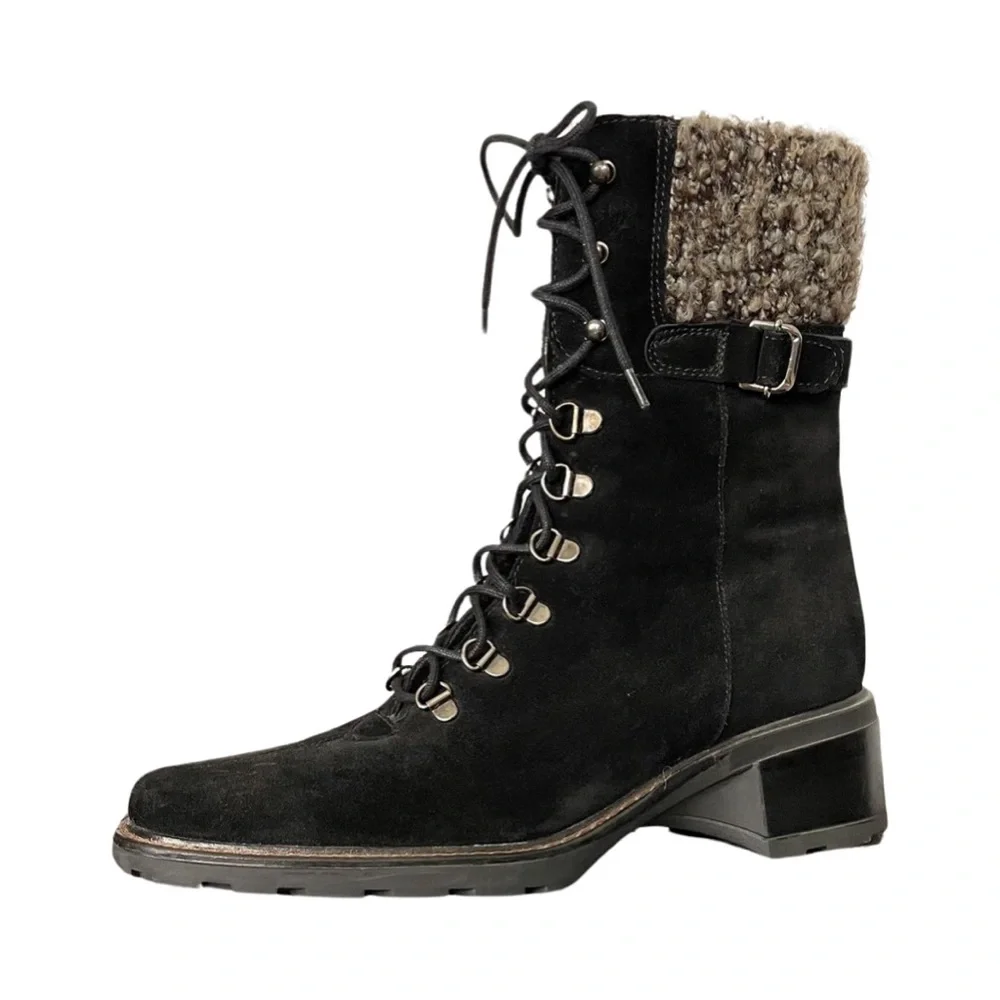 Aquatalia black suede, Lace Up, lug sole booties Moto Combat bouclé lined - Picture 1 of 12